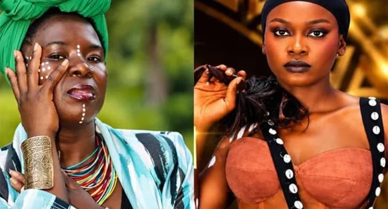 A side-by-side collage of two women involved in a public dispute. The woman on the left, Efiya Otiwaa, wears a green headwrap, traditional face markings, and heavy jewelry, while the woman on the right, GMB's Ampomaa, is shown in a modern-traditional fusion outfit with a black headband.