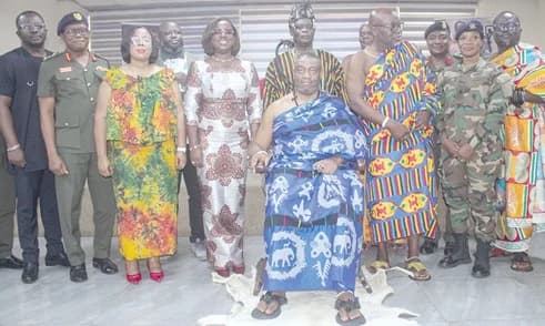Nii Tackie Teiko Tsuru II (seated), Ga Mantse; Linda Ocloo (3rd from left), Greater Accra Regional Minister; Adjoa Obuobia Darko-Opoku (4th from left), Administrator, Ghana Medical Trust Fund; some security officials and other dignitaries. Picture: ERNEST KODZI
