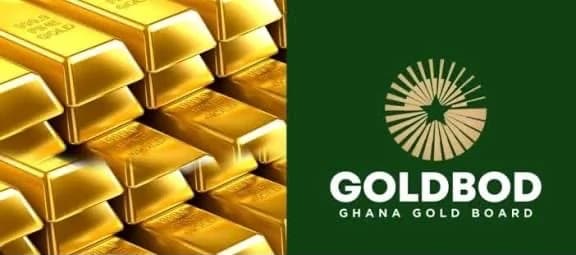 A composite graphic featuring a stack of shiny gold bullion bars on the left and the official GoldBod logo on the right. The right side has a dark green background with the text 'GOLDBOD GHANA GOLD BOARD' accompanied by a sun-like star emblem.