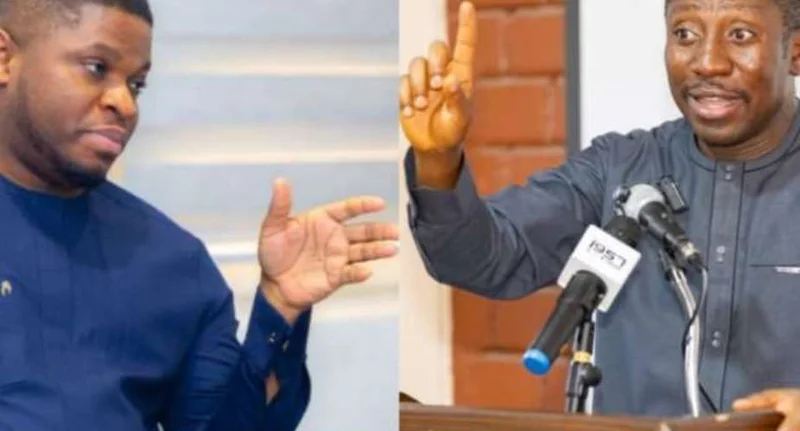 A composite image featuring NDC National Communications Officer Sammy Gyamfi on the left and NPP MP Alexander Afenyo-Markin on the right. Both men are captured in expressive gestures, appearing to be engaged in public speaking or debate, typical of Ghanaian political discourse.