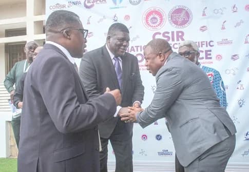 Prof. Shamsu-Deen Ziblim (right), Deputy Administrator, Ghana National Research Fund, exchanging pleasantries with Mark Anthony Taylor (middle), CSIR Council Chairman. Looking on is Prof. Paul P. Bosu (left), Director-General, CSIR. Picture: ERNEST KODZI