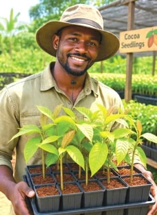 A farmer displaying cocoa seedlings raised with the soilless media technology