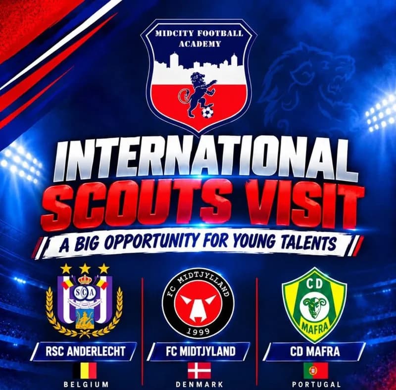 A promotional digital graphic for the MidCity Football Academy's International Scouts Visit event. The image highlights a scouting opportunity for young talents and features the logos of several European football clubs including RSC Anderlecht from Belgium, FC Midtjylland from Denmark, and CD Mafra from Portugal against a blue stadium-themed background.