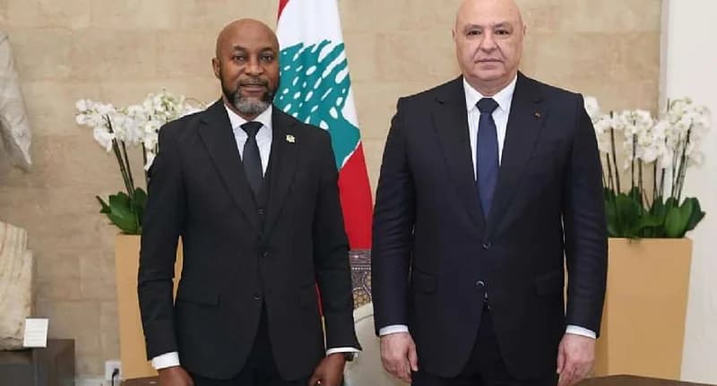 Two officials, likely representing Ghana and Lebanon, stand together in a formal setting for a photograph. They are positioned in front of the Lebanese flag and flanked by white orchids, indicating an official diplomatic meeting.