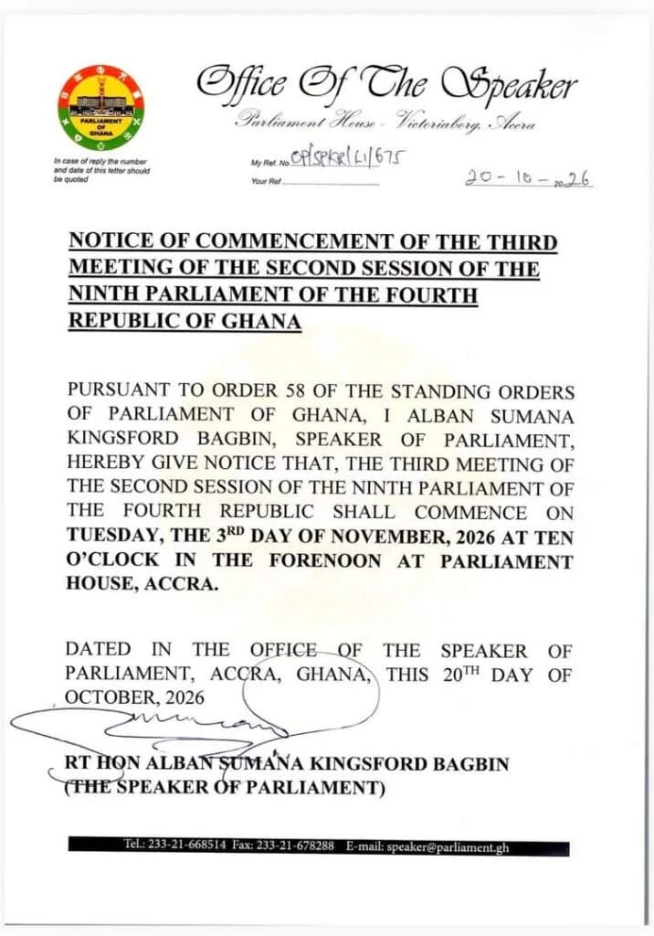 Alban Bagbin summons Parliament to reconvene on November 3