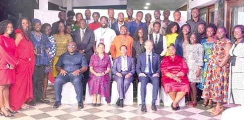 Dr Zanetor Agyeman-Rawlings (seated middle); Dr Christian Rogg (seated 2nd from right); Prof. Eric Opoku Mensah (seated left); Rebecca Ekpe (seated right), with other speakers and fellows at the event