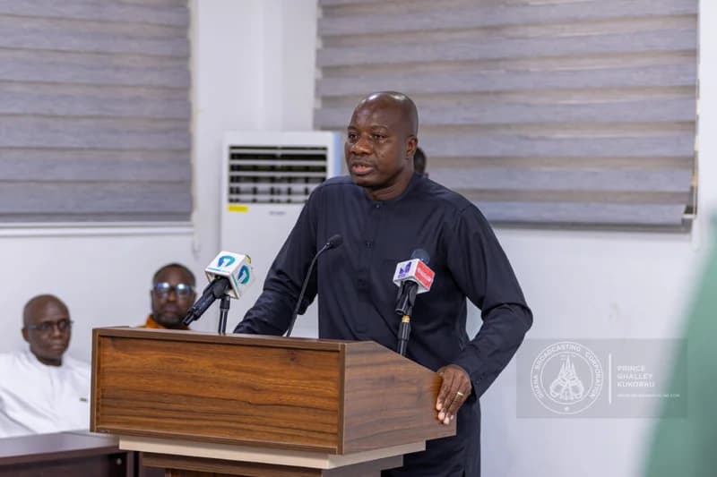 Mahama Ayariga, Member of Parliament for Bawku Central, is captured speaking at a wooden podium during a formal event. He is dressed in a dark traditional outfit and is addressing an audience through multiple media microphones in what appears to be a press briefing or committee meeting.