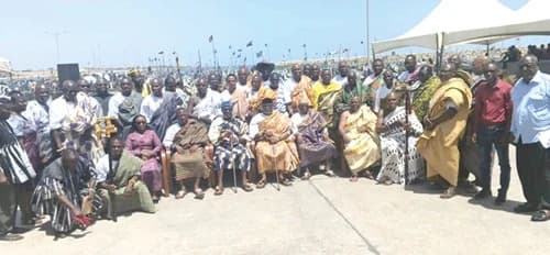 Members of the newly appointed chief fishermen from the Southern part of the Volta Region and national executives of the Ghana National Canoe Fishermen Council after the induction