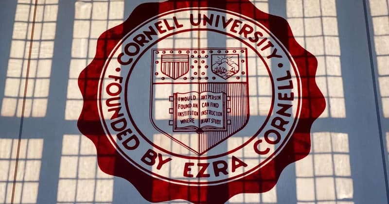 The image displays the official seal of Cornell University in red ink against a white surface, with a window frame shadow casting a grid pattern across it. The seal includes a central shield with an open book and the university's founding motto, encircled by the names of the institution and its founder.